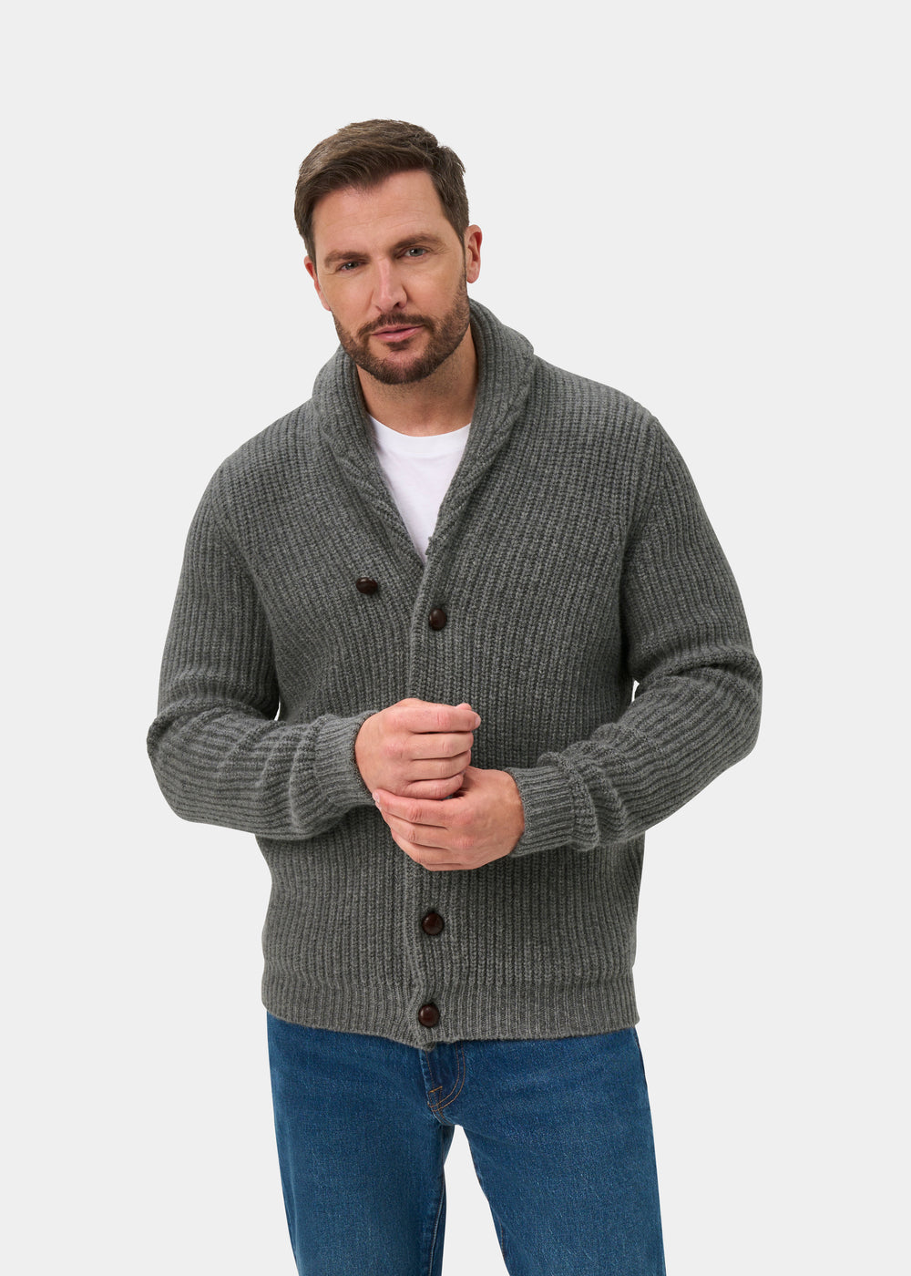 Usworth Men's Shawl Collar Lambswool Jumper In Grey Mix - Regular Fit