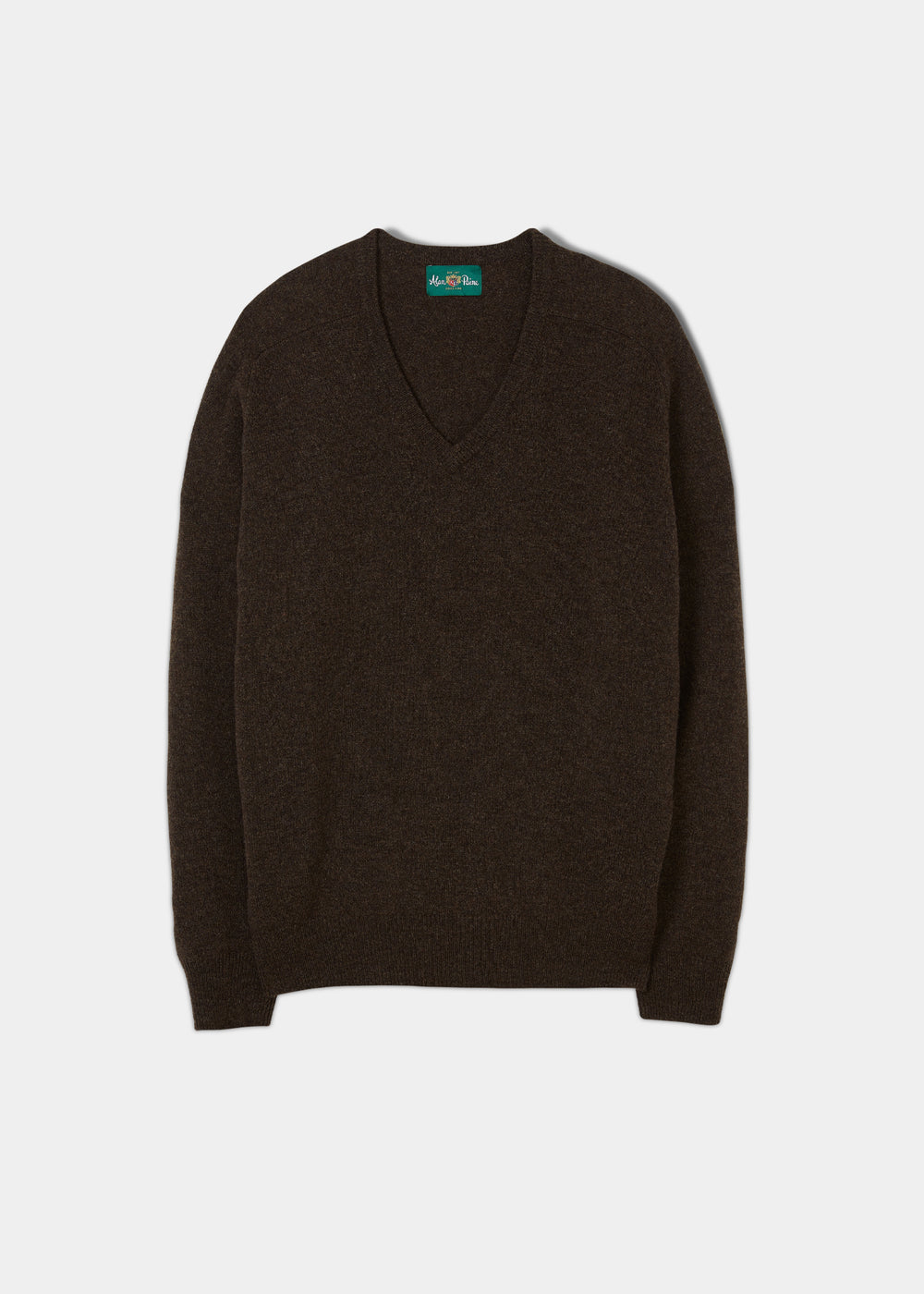 Hampshire Lambswool Vee Neck Jumper in Cocoa, classic fit, laid flat on a white background.