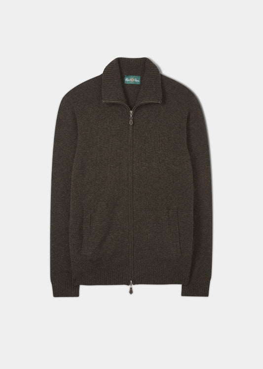 Ballater Lambswool Zip Mock Neck Jumper in Cocoa, regular fit, ribbed trims. Perfect for men’s winter layering.