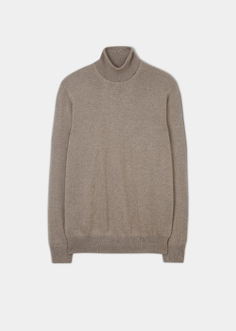 Linton Merino Wool Roll Neck Jumper in Mushroom—regular fit, long sleeves, ribbed cuffs; ideal for winter style.