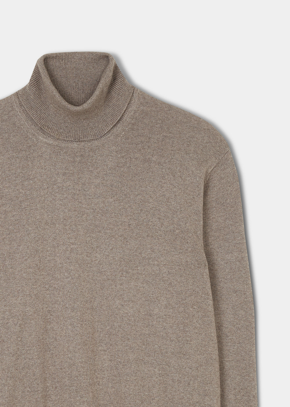 Linton Merino Wool Roll Neck Jumper in Mushroom, regular fit; ideal for men’s winter wear, shown from shoulders up.