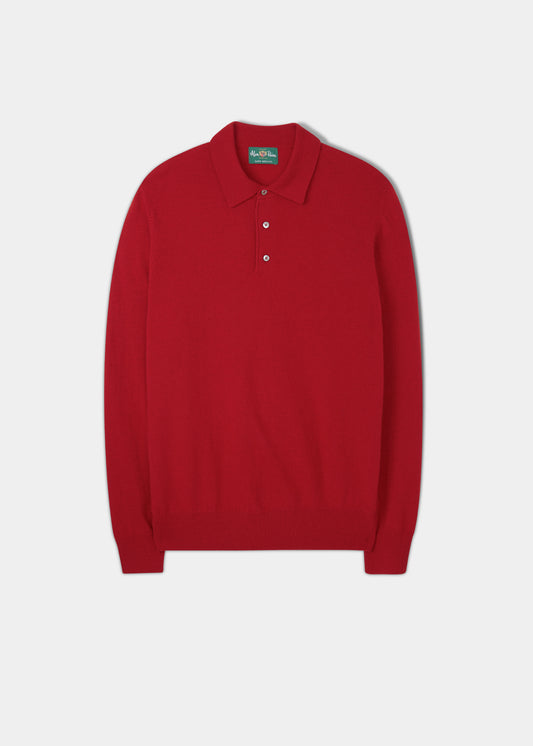Langärmliges Herren-Poloshirt aus Geelong-Lammwolle mit Aztekenmuster – reguläre Passform